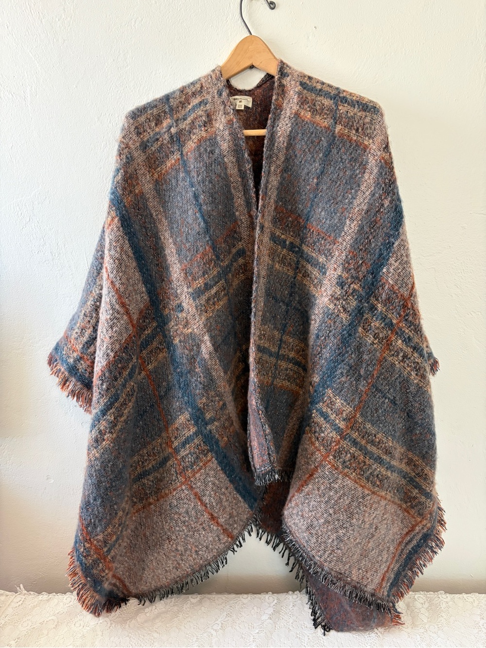 Cost Plus World Market Plaid Fringe Poncho - Brown & Blue